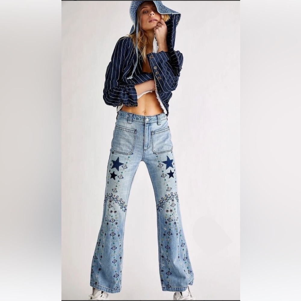 New Free People Delphine embroidered flare jeans